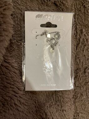 Silver Heart Charm Dangle Earrings - Clear Beads